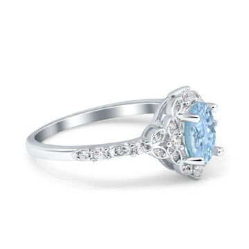 Oval Engagement Ring Accent Vintage Simulated Aquamarine CZ 925 Sterling Silver